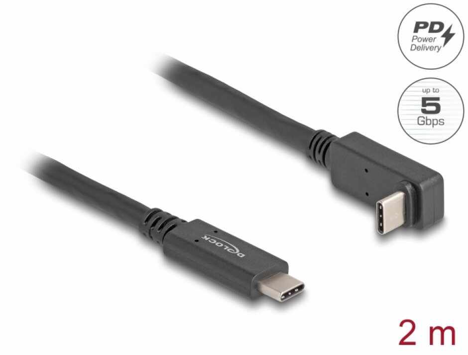 Cablu USB 3.2 Gen2 type C 4K60Hz/60W unghi sus/jos-drept E-Marker T-T 2m, Delock 80035