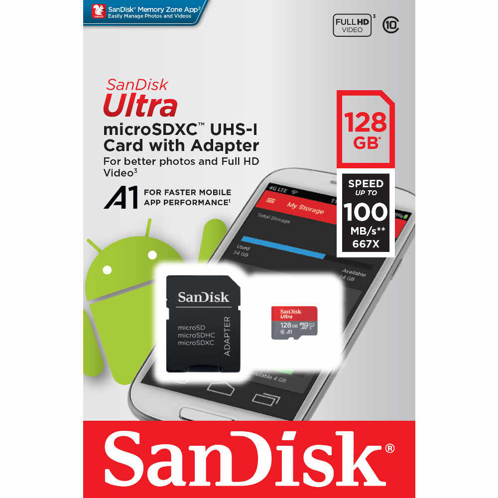 Card de memorie microSDHC SanDisk Ultra, 128GB, Clasa 10 + Adaptor