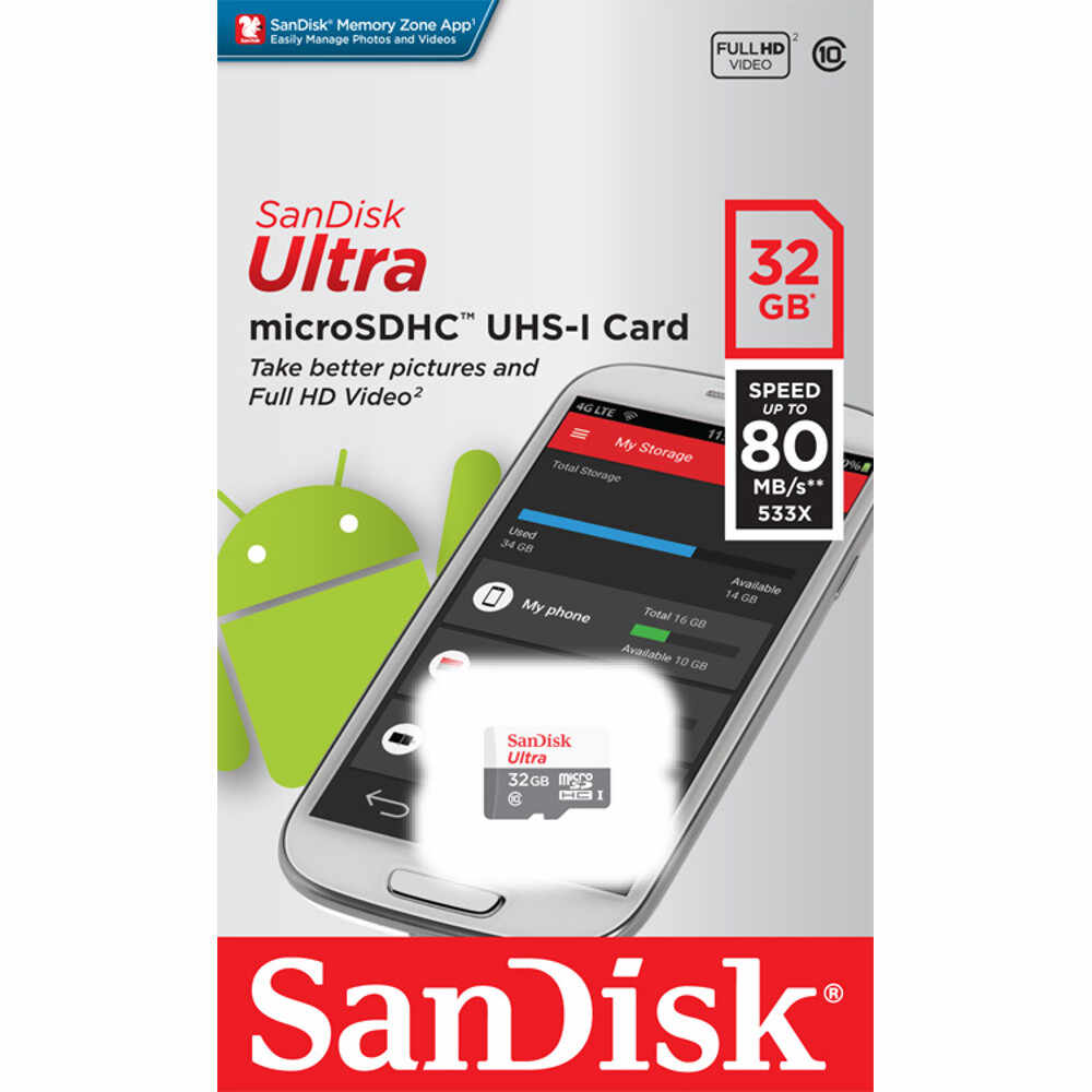 Card de memorie microSDHC SanDisk Ultra, 32GB, Clasa 10