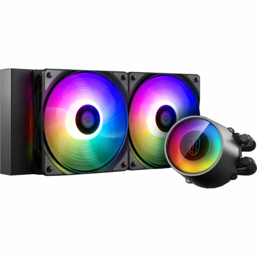 Cooler procesor cu lichid Gamer Storm Castle 240RGB V2, Doua ventilatoare 120mm, Iluminare RGB, Flux aer 69.34 CFM, Compatibilitate AMD/Intel LGA, Negru
