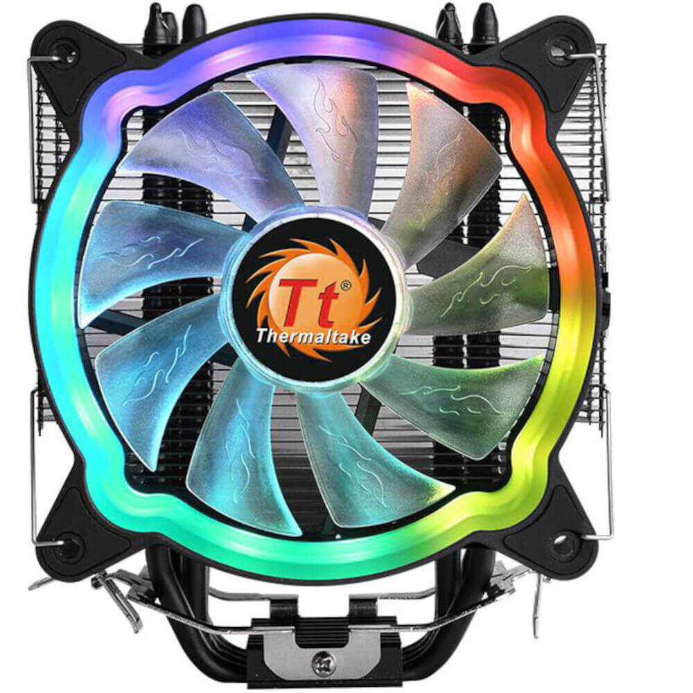 Cooler procesor Thermaltake UX200, 12 V, Putere 130 W, Nivel zgomot 26.33 dB, Presiune aer 1.18 mm-H2O, Flux aer 43.34 CFM, Iluminare aRGB, Compatibil Intel /AMD, Negru