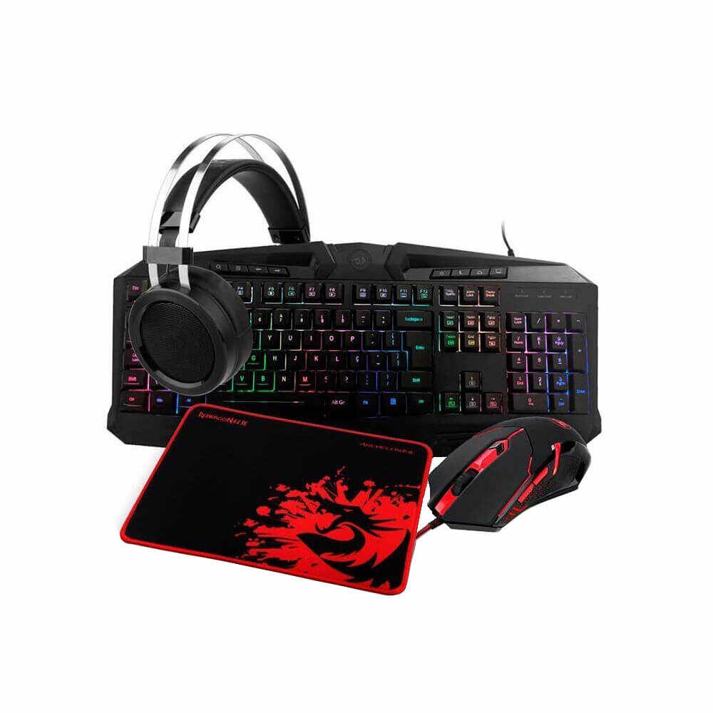 Kit gaming Redragon S112 Gaming Essentials 4 in 1, Tastatura + Mouse + Casti + Mousepad, Iluminare RGB, Negru/Rosu