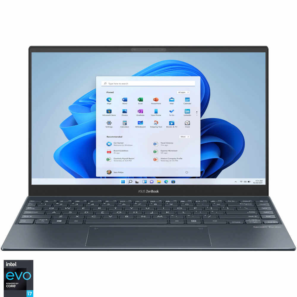 Laptop ultraportabil ASUS ZenBook 13 UX325EA, 13.3 inch, Full HD, Intel Core i7-1165G7, 8GB, 512GB SSD, Intel Iris Xe Graphics, Windows 11 Home, Pine Grey