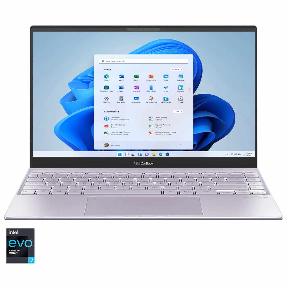 Laptop ultraportabil Asus ZenBook 13 UX325EA, Intel Core i7-1165G7, 13.3inch, Full HD, OLED, 8GB, 512GB SSD, Intel Iris Xe Graphics, Windows 11 Home, Lilac Mist