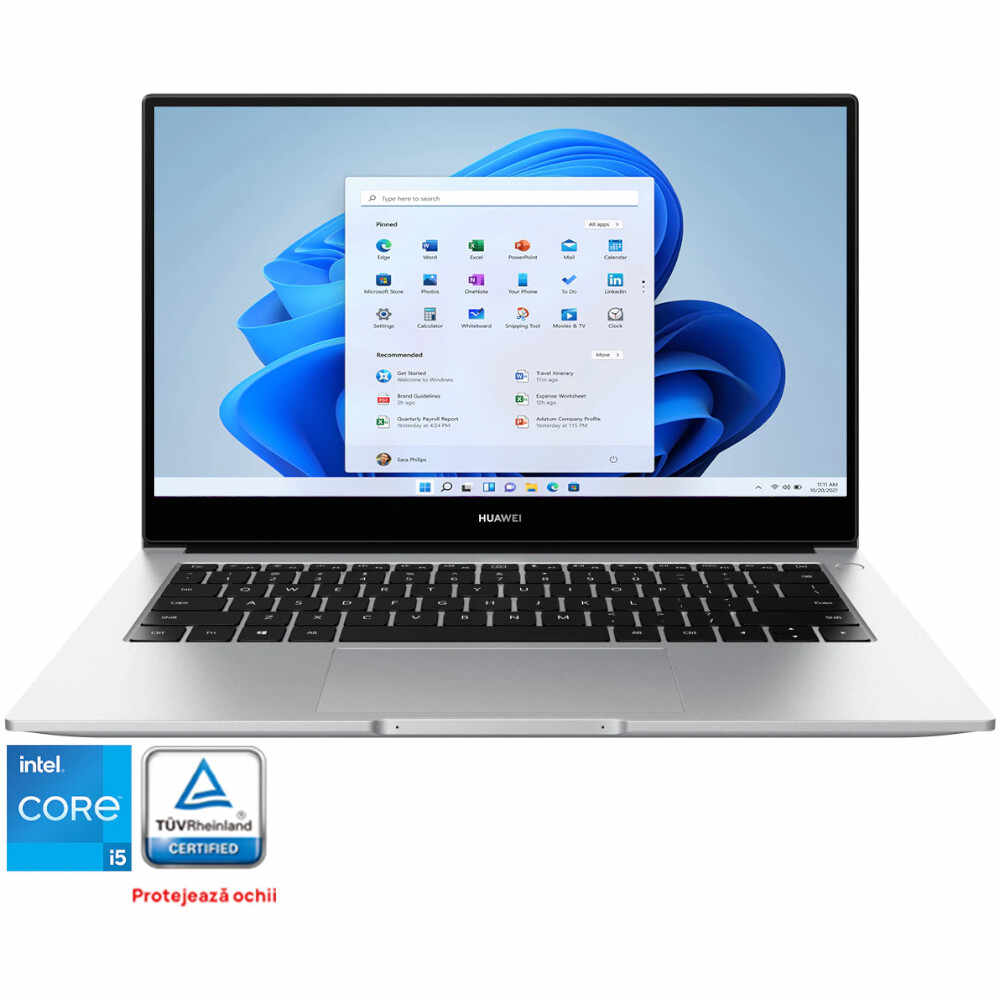 Laptop ultraportabil Huawei MateBook D14, Intel Core i5-1135G7, 14 inch, Full HD, 8GB, 512GB SSD, Intel UHD Graphics, Windows 11 Home, Argintiu