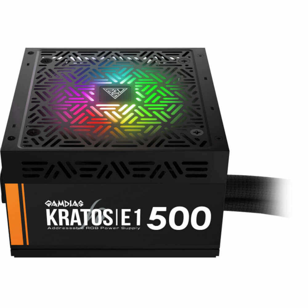 Sursa Gamdias Kratos E1, 500 W, Single rail, Certificare 80 +, Ventilator 120mm, Iluminare RGB, Eficienta 80%