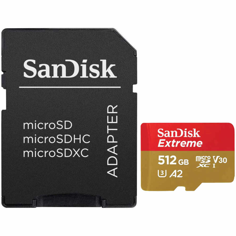 Card de memorie SanDisk Extreme microSDXC, 512GB + SD Adaptor pana la 190MB/s & 130MB/s