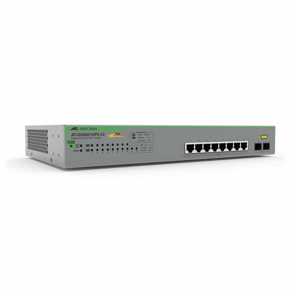 Switch cu 8 porturi PoE AT-GS950/10PSV2-50 Allied Telesis, 20 Gbps, 14.88 Mpps, 8000 MAC, fara management