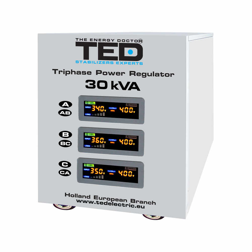 Stabilizator de tensiune cu servomotor trifazat-trifazat TED 000156, 30000 VA, 24000 W, regleta
