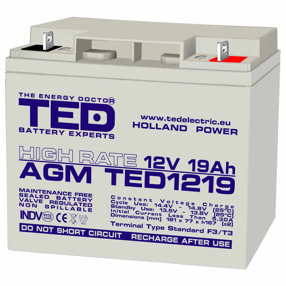 Acumulator AGM VRLA TED TED002815, 12 V, 19 A