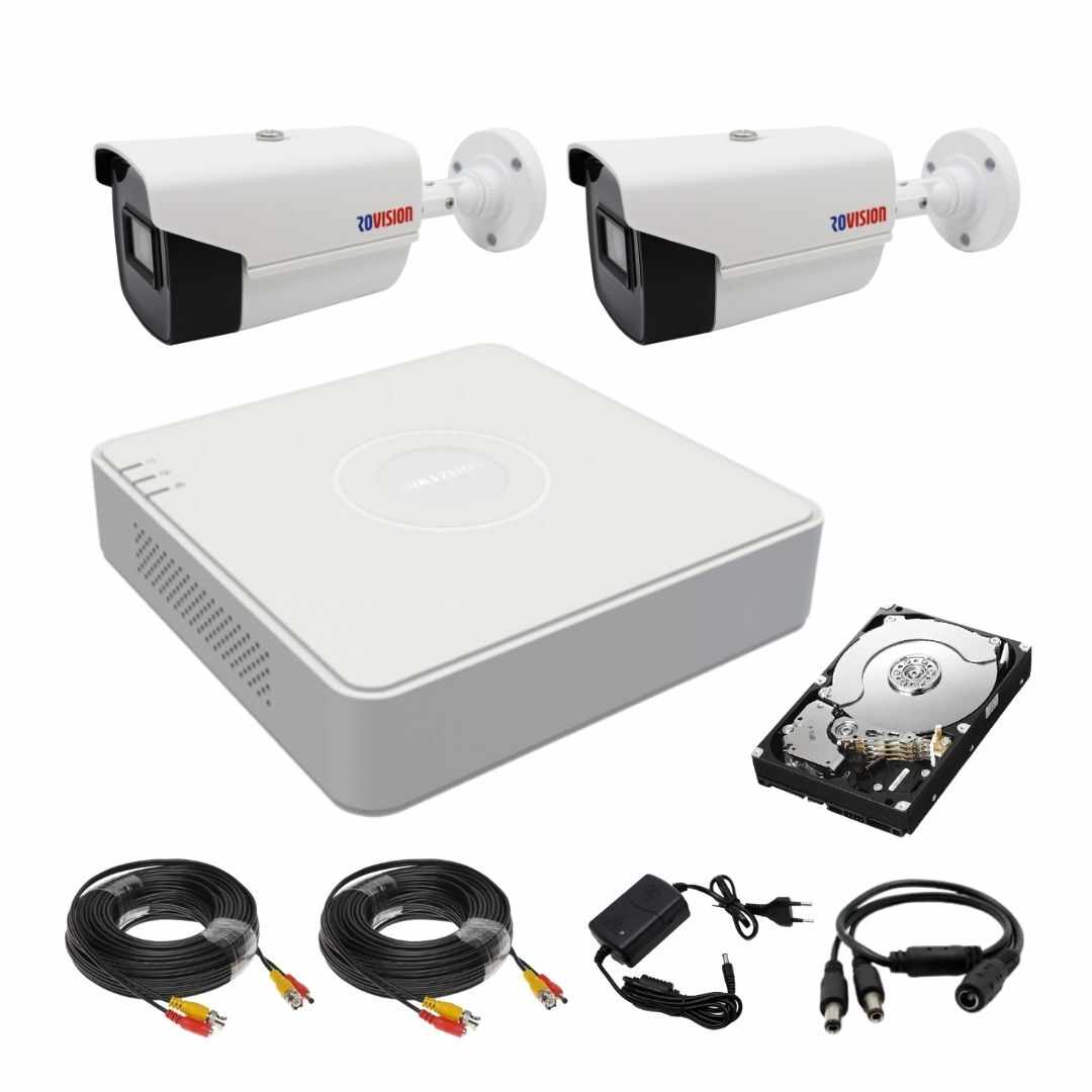 Sistem supraveghere 2 camere Rovision oem Hikvision 2MP full hd IR40m, DVR 4 Canale 1080P lite, accesorii si hard incluse