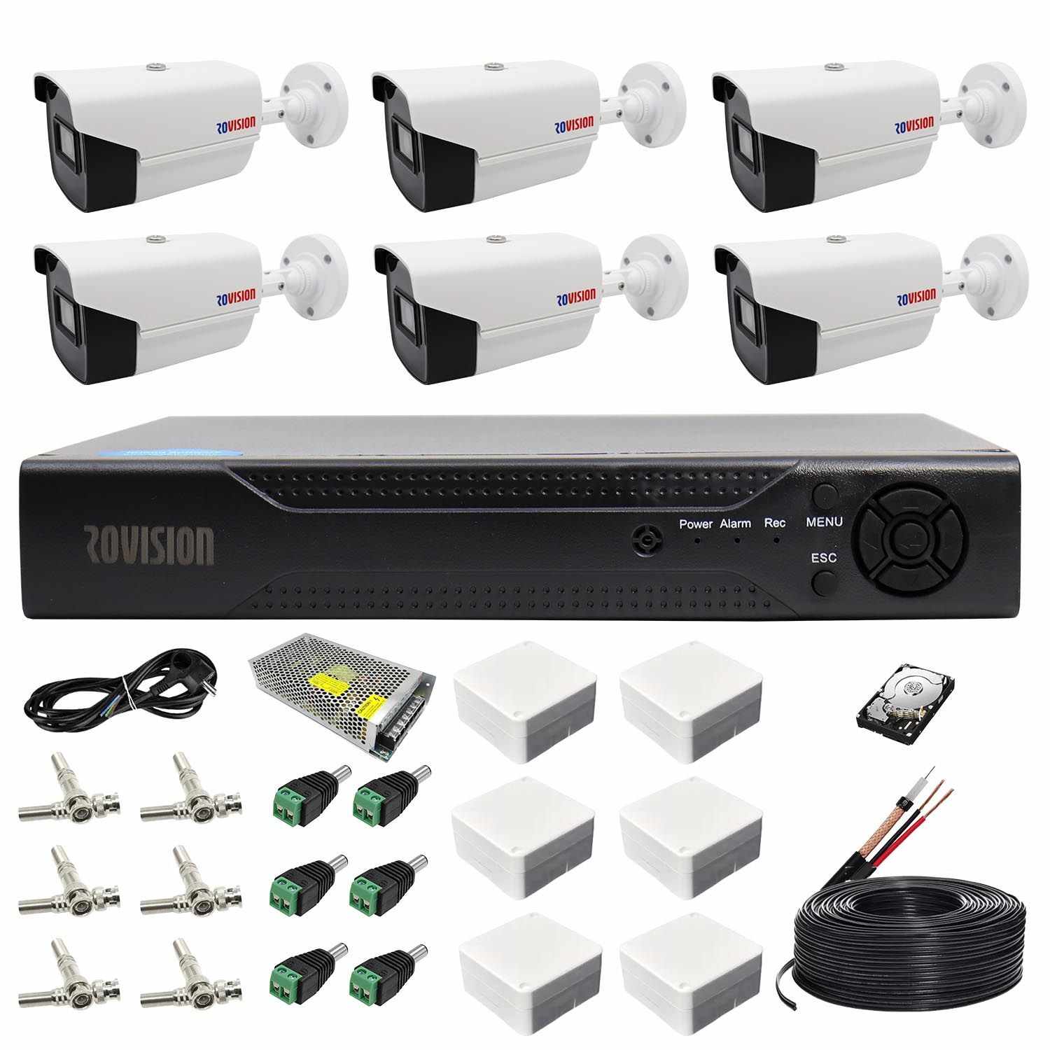 Sistem supraveghere 6 camere Rovision oem Hikvision 2MP Full HD, DVR Pentabrid 8 canale, full hd, accesorii si hard incluse