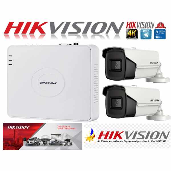 Sistem supraveghere ultraprofesional Hikvision 2 camere 8MP 4K, 80 IR, DVR 4 canale