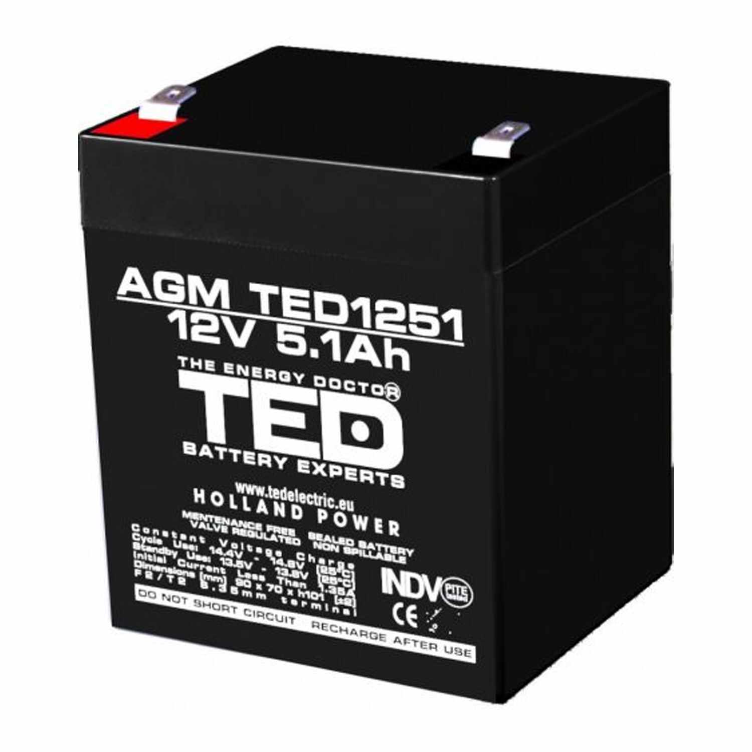 Acumulator AGM VRLA 12V 5,1A dimensiuni 90mm x 70mm x h 98mm F2 TED Battery Expert Holland TED003157 (10)