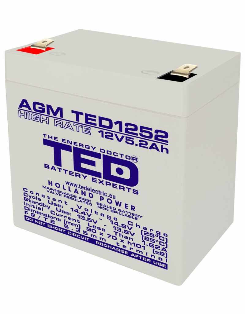 Acumulator AGM VRLA 12V 5,2A High Rate 90mm x 70mm x h 98mm F2 TED Battery Expert Holland TED003287 (10)