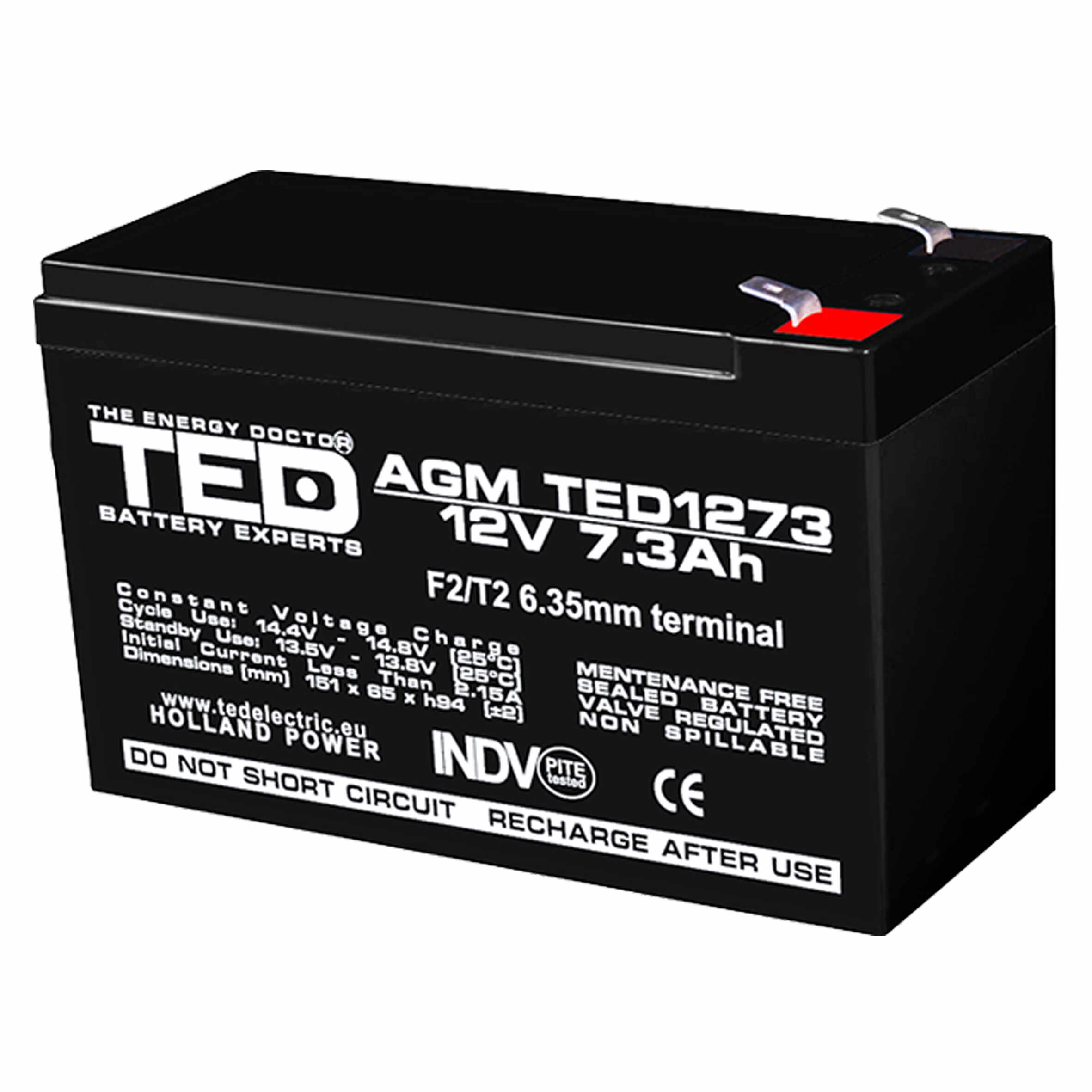 Acumulator AGM VRLA 12V 7,3A dimensiuni 151mm x 65mm x h 95mm F2 TED Battery Expert Holland TED003249 (5)