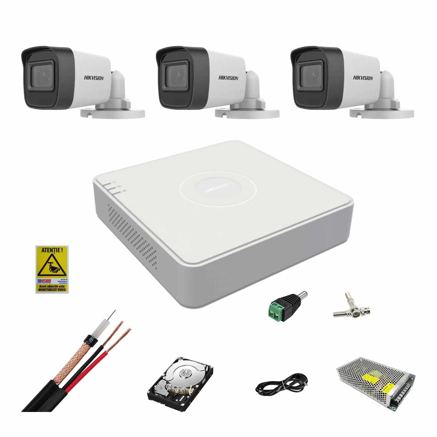 Kit complet supraveghere 5MP Hikvision cu 3 camere Bullet IR 25m, alimentatori, cabluri, mufe, HDD 500 Gb, vizualizare pe internet