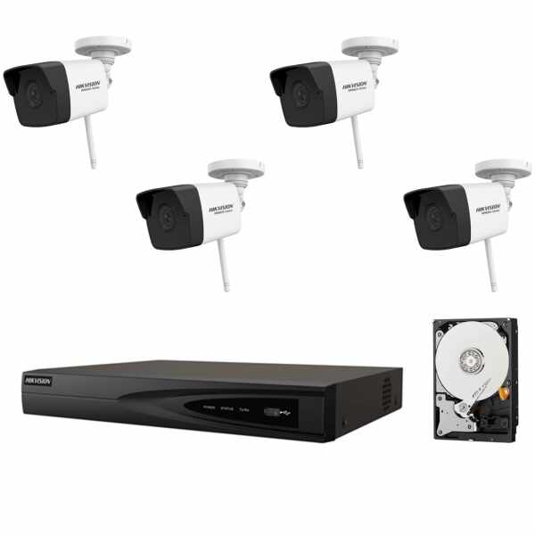 Kit de supraveghere complet 4 camere wireless 2MP, 30m IR, lentila 2.8mm, NVR 4 canale, rezolutie pana la 4K, HDD,surse incluse