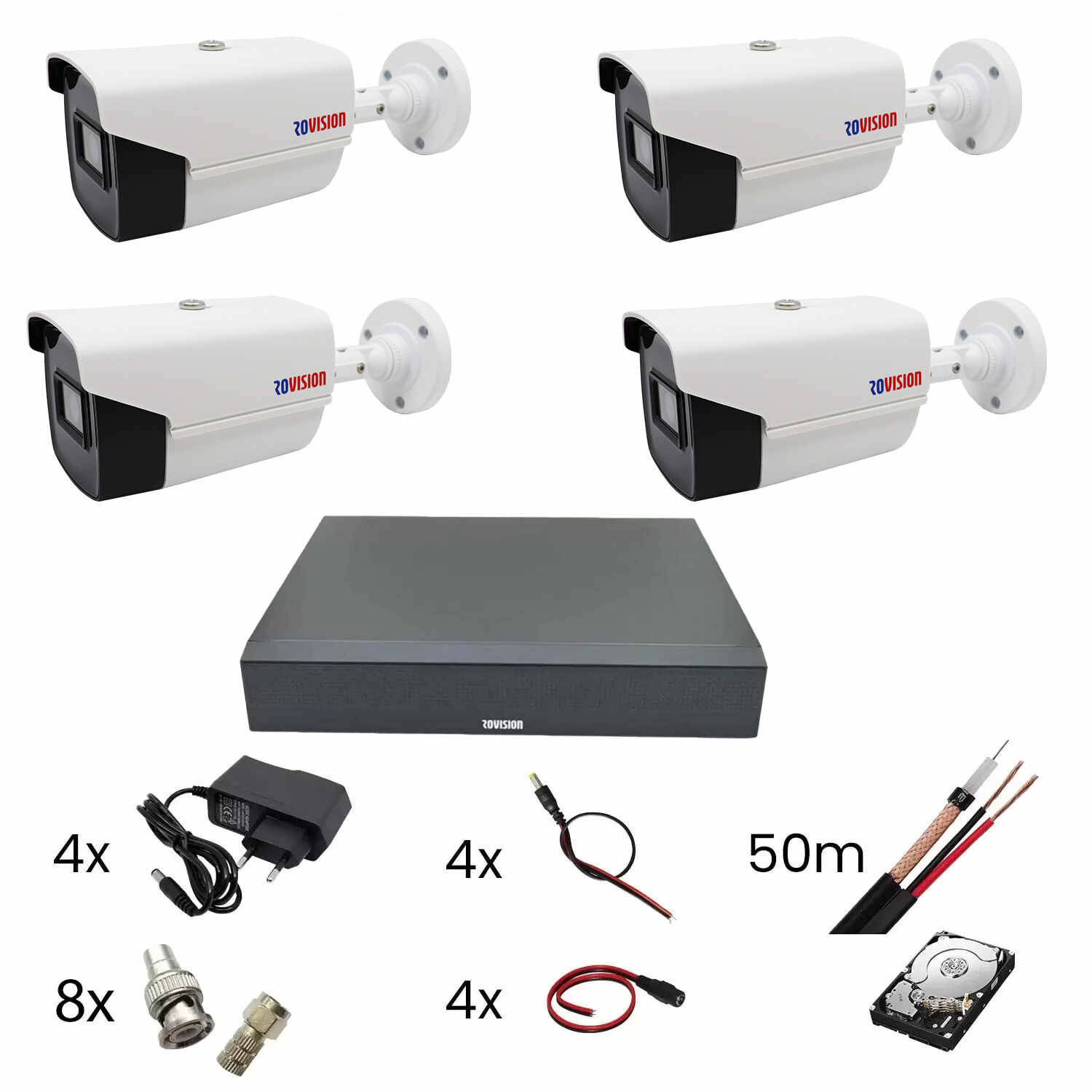 Kit supraveghere 4 camere Rovision oem Hikvision 4 in 1 full hd, 2MP, 2.8mm, DVR Pentabrid 4 canale, 1080N H.264+, accesorii si HDD