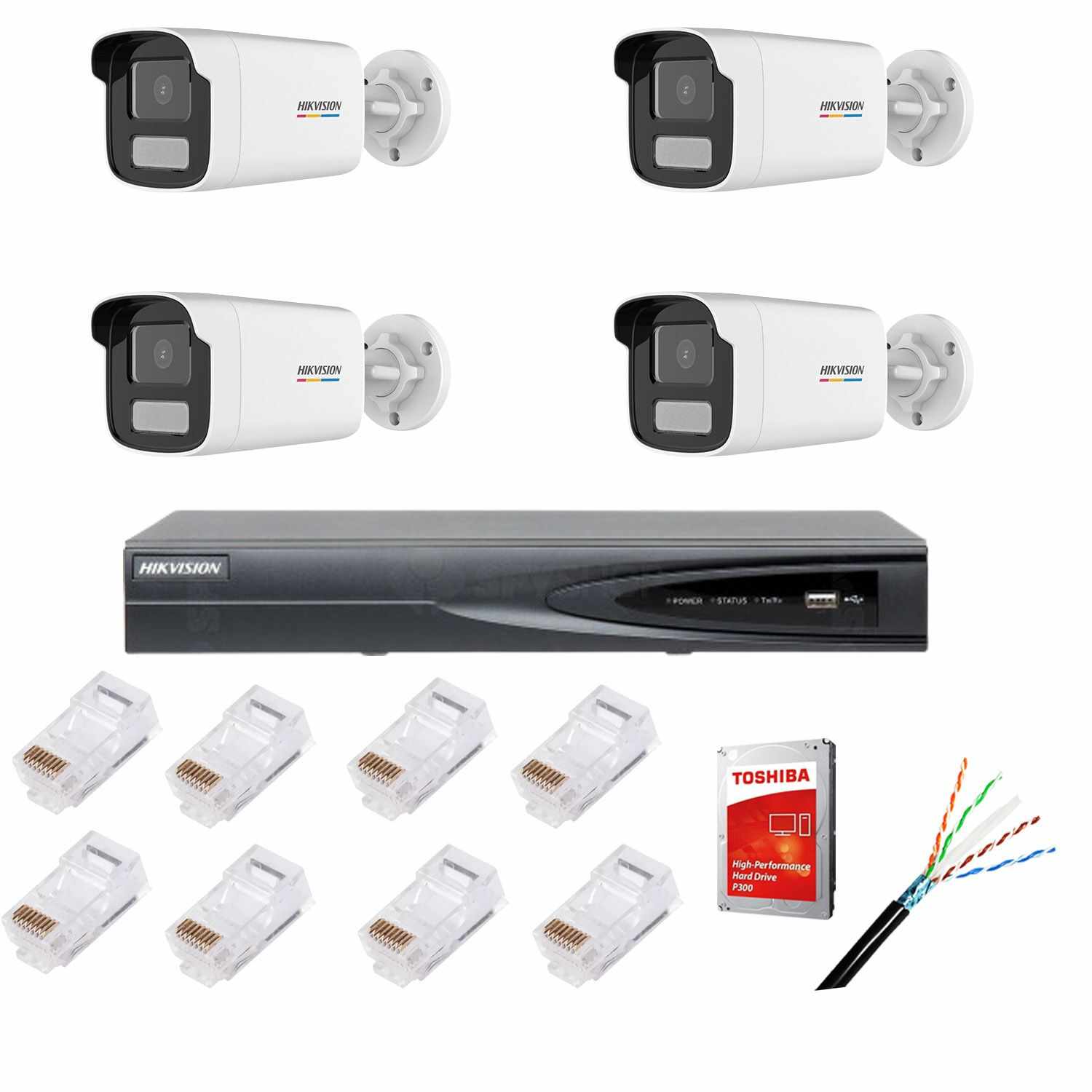 Kit supraveghere IP cu 4 camere ColorVu, 4MP, lentilă 4mm, lumină albă 50m, NVR cu 4 canale IP 4K, accesorii, HIKVISION