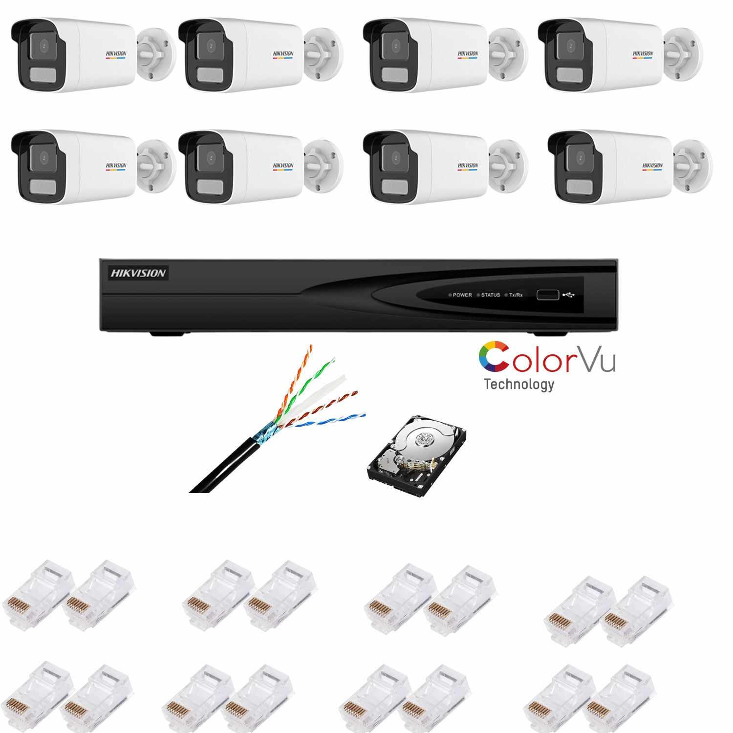 Kit supraveghere IP cu 8 camere ColorVu, 4MP, lentilă 4mm, lumină albă 50m, NVR cu 8 canale IP 4K, accesorii, HIKVISION