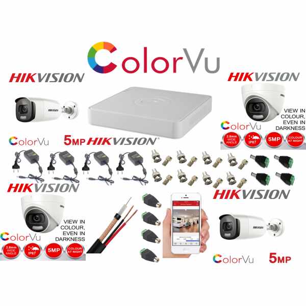 Kit supraveghere profesional mixt Hikvision Color Vu 4 camere 5MP IR40m si IR20m , full accesorii