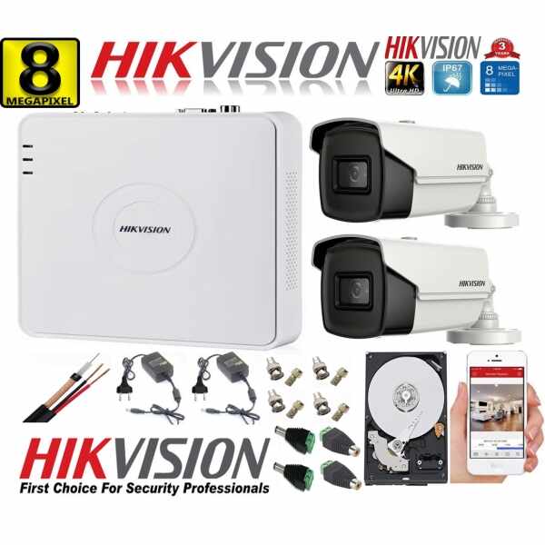 Kit supraveghere ultraprofesional Hikvision 2 camere 8MP 4K, 80 IR, DVR 4 canale, accesorii incluse si HDD
