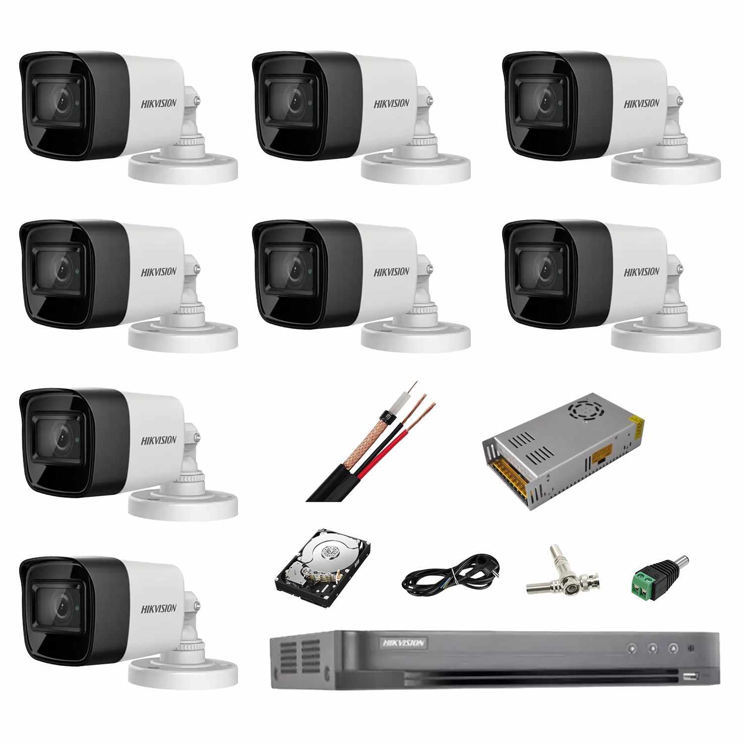 Sistem complet de supraveghere profesional Hikvision Turbo HD, inregistrare 4K / 8 Mp, 8 camere IR 30 m, HDD 2 Tb, 200 m cablu CCTV,vizualizare pe telefon
