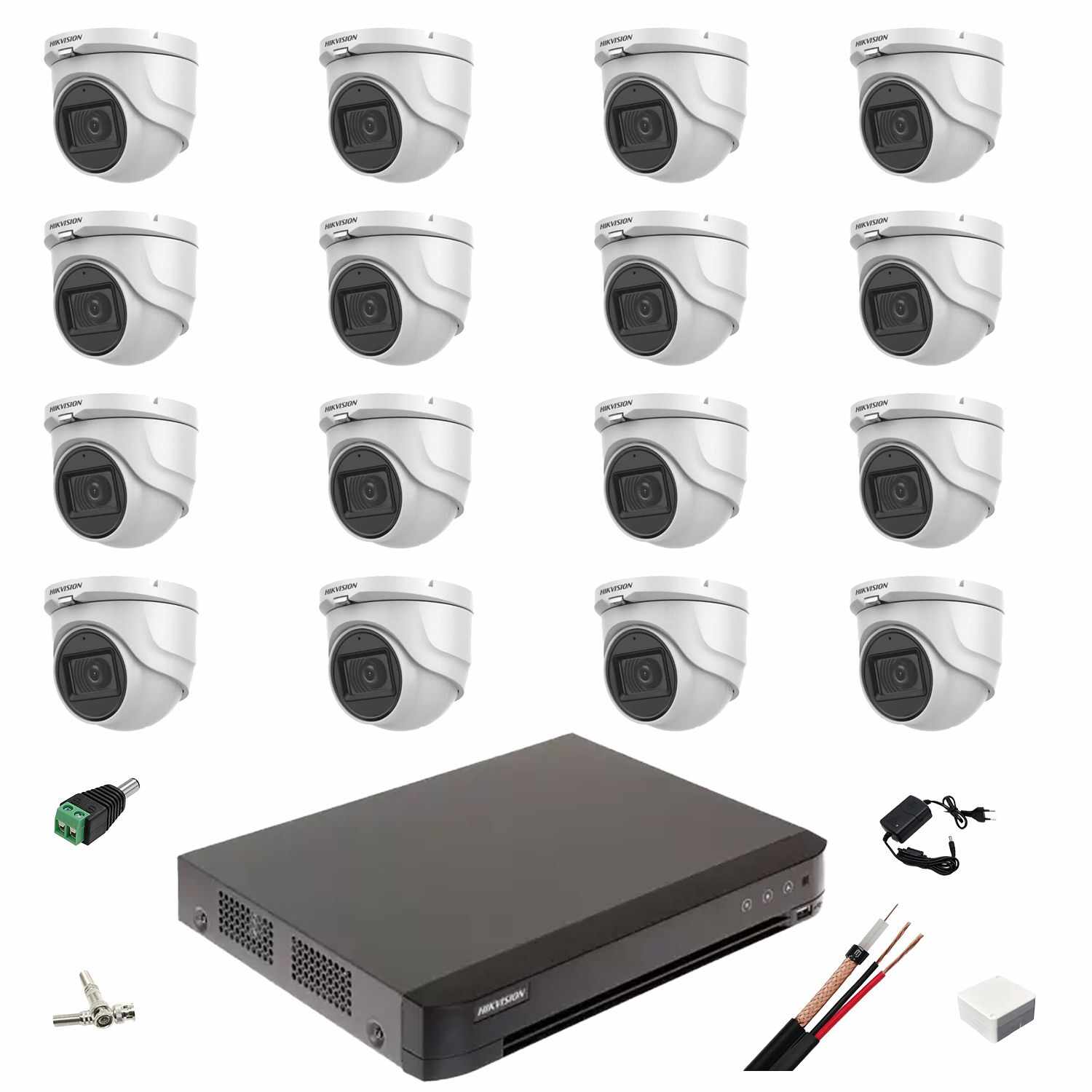 Sistem de supraveghere 16 camere 5MP Hikvision 2.8mm IR 30m, DVR AcuSense 16 canale video, accesorii instalare