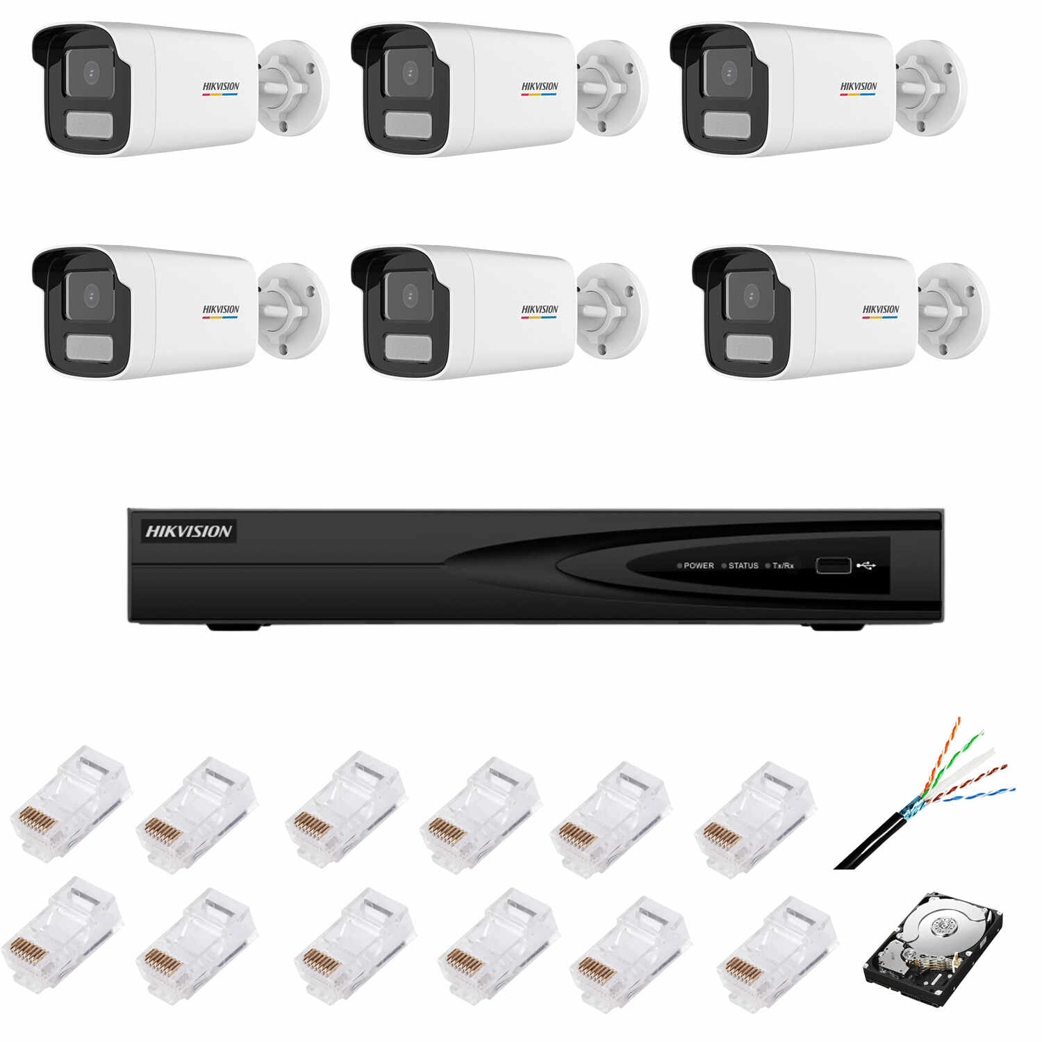 Sistem de supraveghere IP cu 6 camere ColorVu, 4MP, lentilă 4mm, lumină albă 50m, NVR cu 8 canale IP 4K, accesorii, HIKVISION