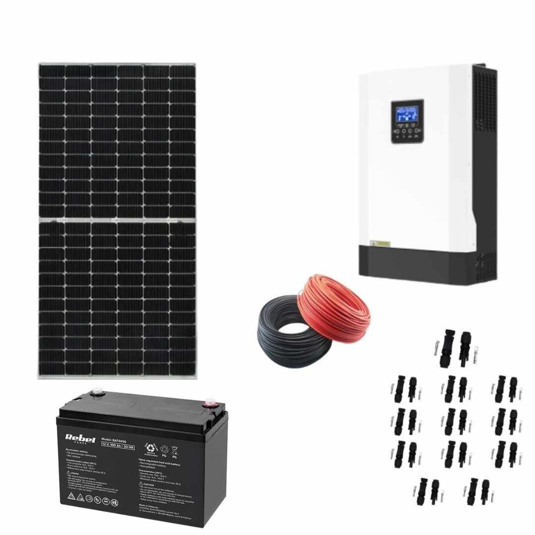 Sistem off grid 5KW cu 12 Panouri fotovoltaice monocristaline 375W, Acumulator 12V 100 Ah Rebel Power, Invertor hybrid 5.5 kw, Cablu solar rosu si negru 40m, Pachet 12 Conectori