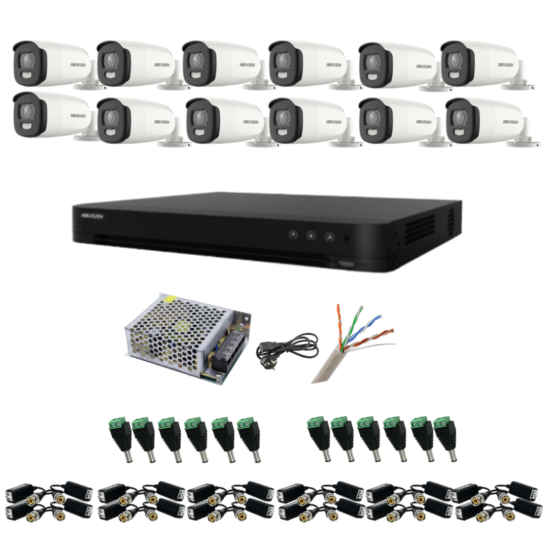 Sistem supraveghere Hikvision 12 camere 5MP ColorVu, Color noaptea 40m, DVR cu 16 canale 8MP, accesorii incluse