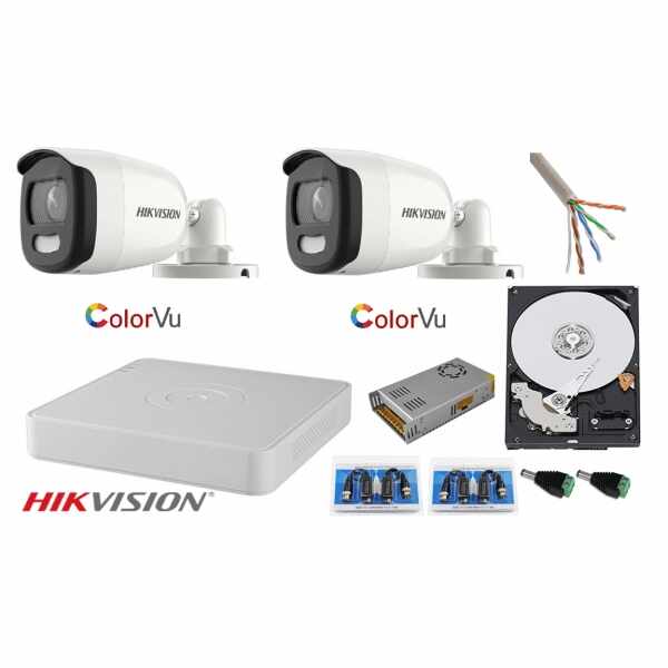 Sistem supraveghere Hikvision 2 camere 2MP Ultra HD Color VU full time ( color noaptea ) DVR 4 canale, accesorii