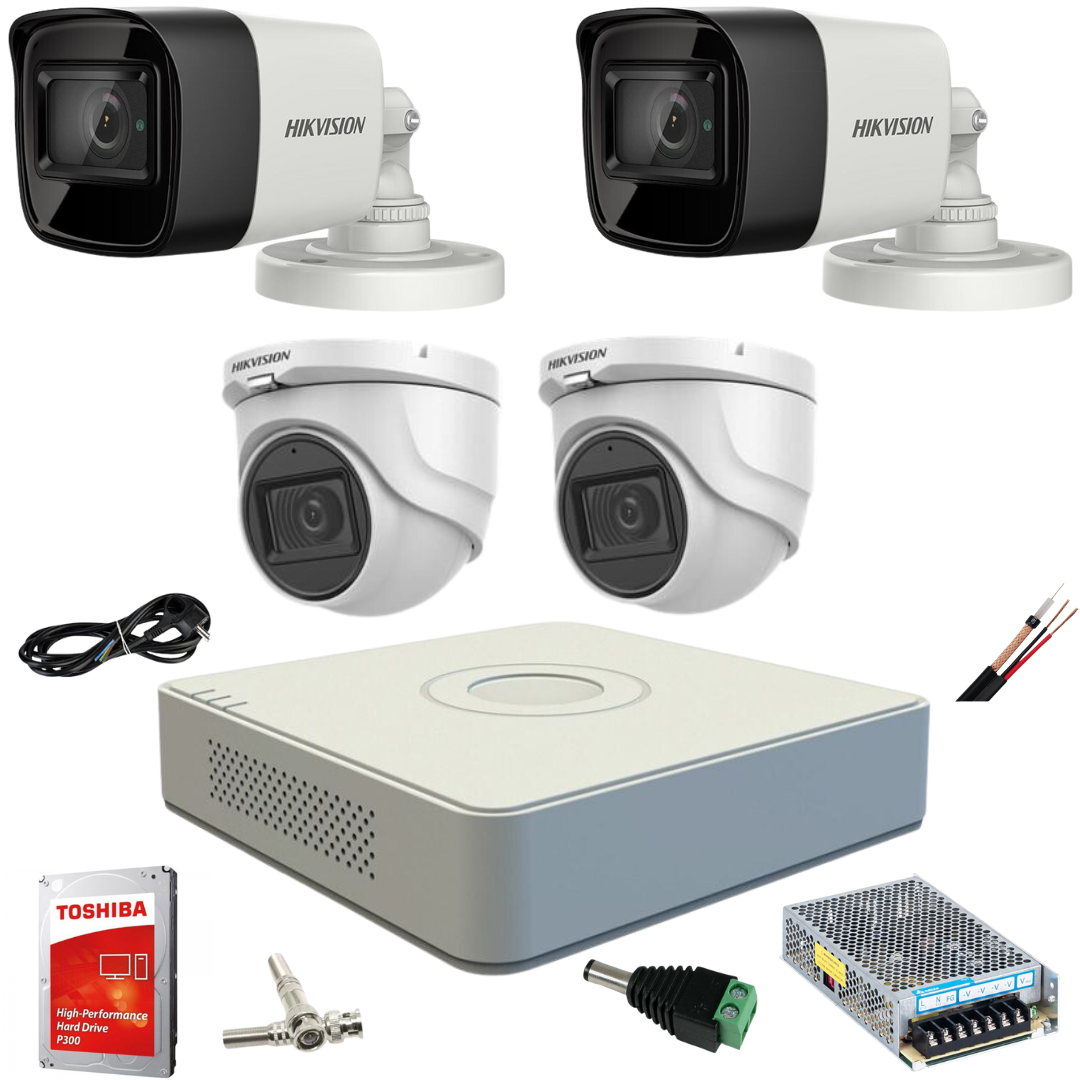 Sistem supraveghere mixt complet Hikvision 4 camere Turbo HD 5 MP 20 m IR si 80 ir cu toate accesoriile, CADOU HDD 1TB