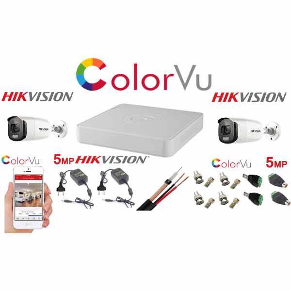 Sistem supraveghere profesional Hikvision Color Vu 2 camere 5MP IR40m, DVR 4 canale, full accesorii