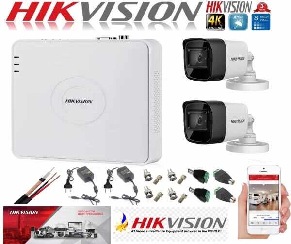 Sistem supraveghere ultraprofesional Hikvision 2 camere 8MP 4K, DVR 4 canale, accesorii incluse