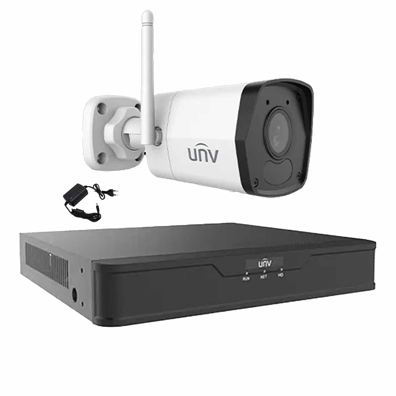 Sistem supraveghere video 1 camera IP Wi-Fi 2MP Smart IR 30m, 2.8mm, Microfon, NVR 4 canale 4K UNV, accesorii