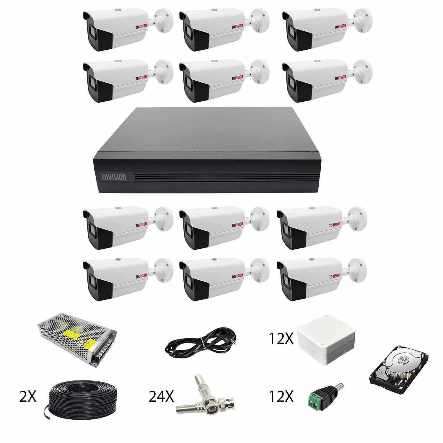 Sistem supraveghere video 12 camere Rovision oem Hikvision 2MP full hd, IR 40m, DVR 16 canale, accesorii si hard disk