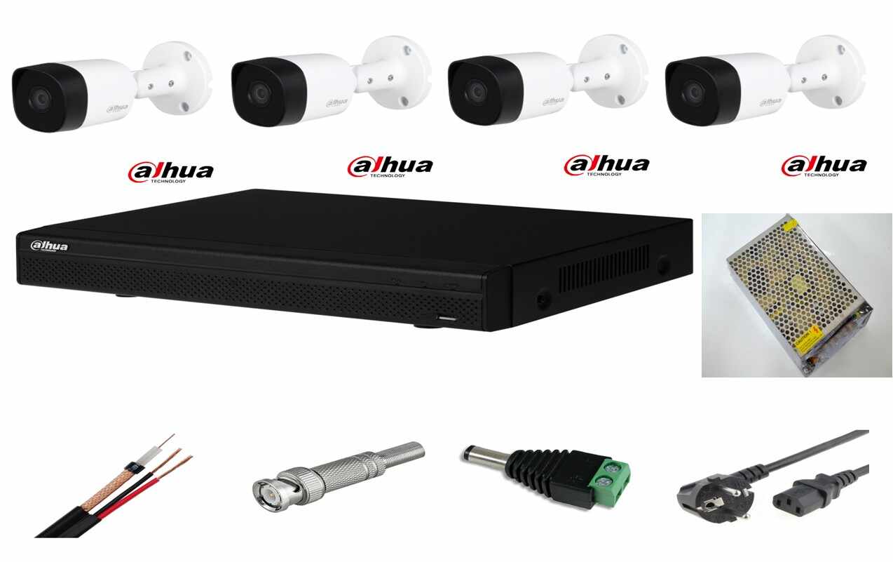 Sistem supraveghere video exterior 4 camere Dahua 2MP IR 20m, DVR Dahua, accesorii incluse