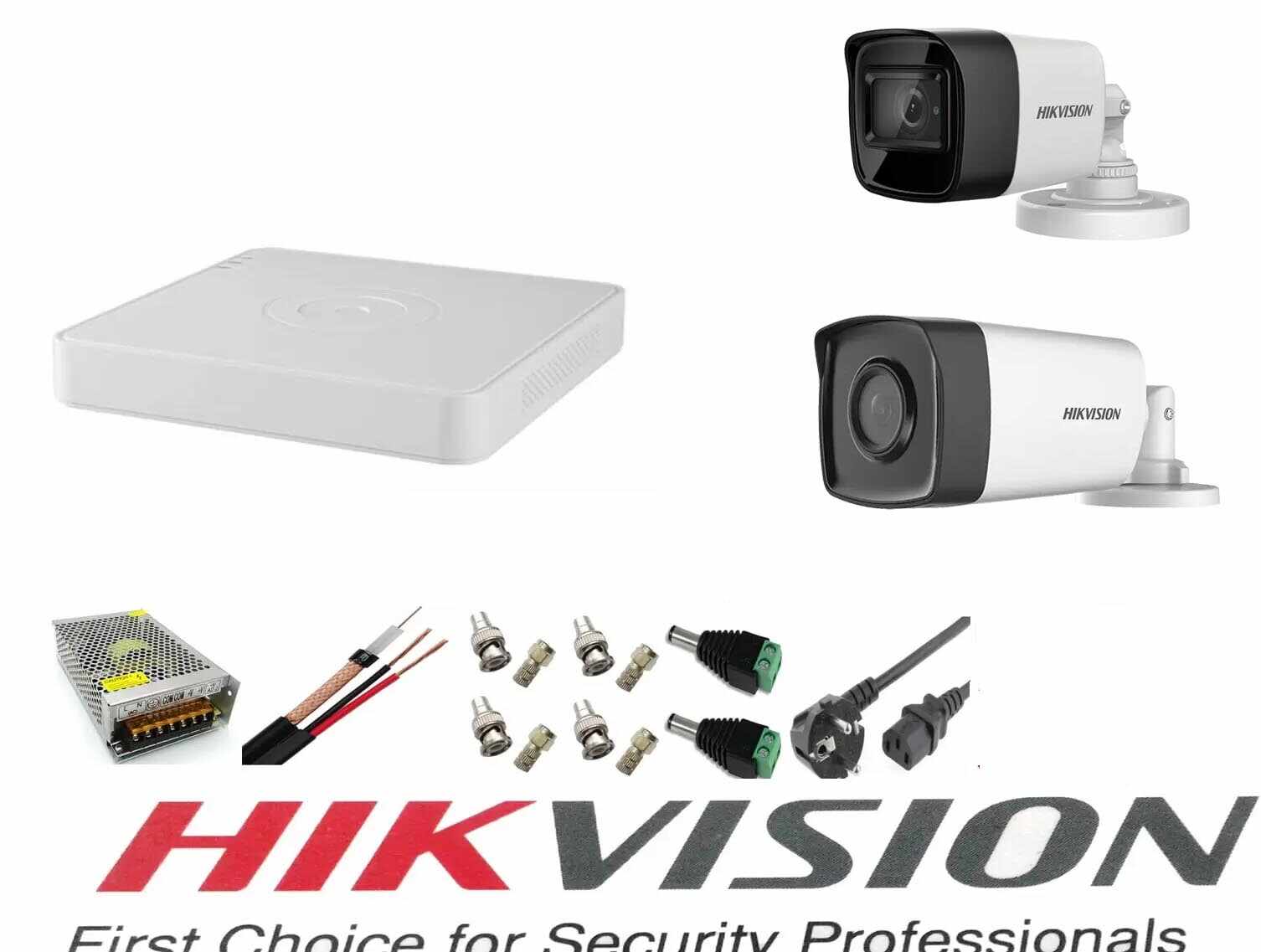 Sistem supraveghere video Hikvision 2 camere 5MP Turbo HD, IR80m si IR40m, DVR Hikvision 4 canale, full accesorii
