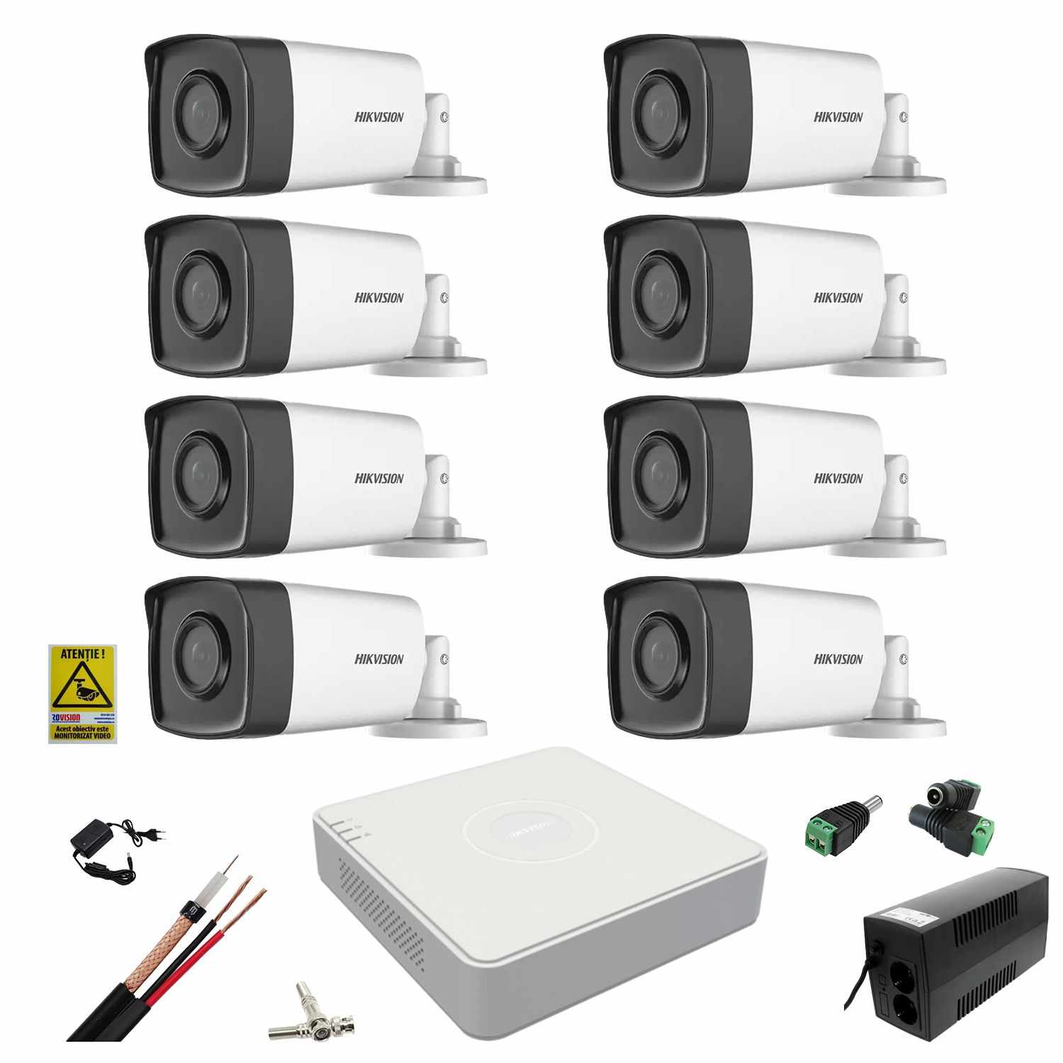 Sistem supraveghere video Hikvision 8 camere 2MP 3.6mm IR 80m, DVR 8 canale 1080N, accesorii, UPS cu baterie 360W