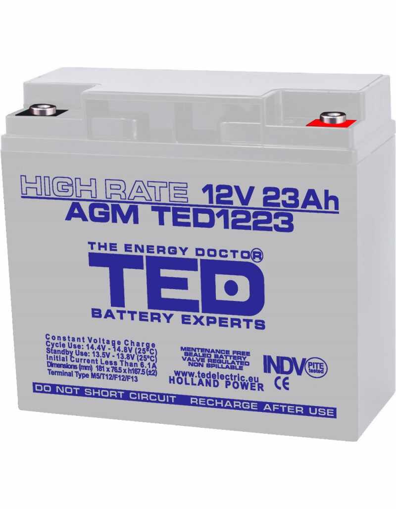 Acumulator AGM VRLA 12V 23A High Rate 181mm x 76mm x h 167mm M5 TED Battery Expert Holland TED003362 (2)