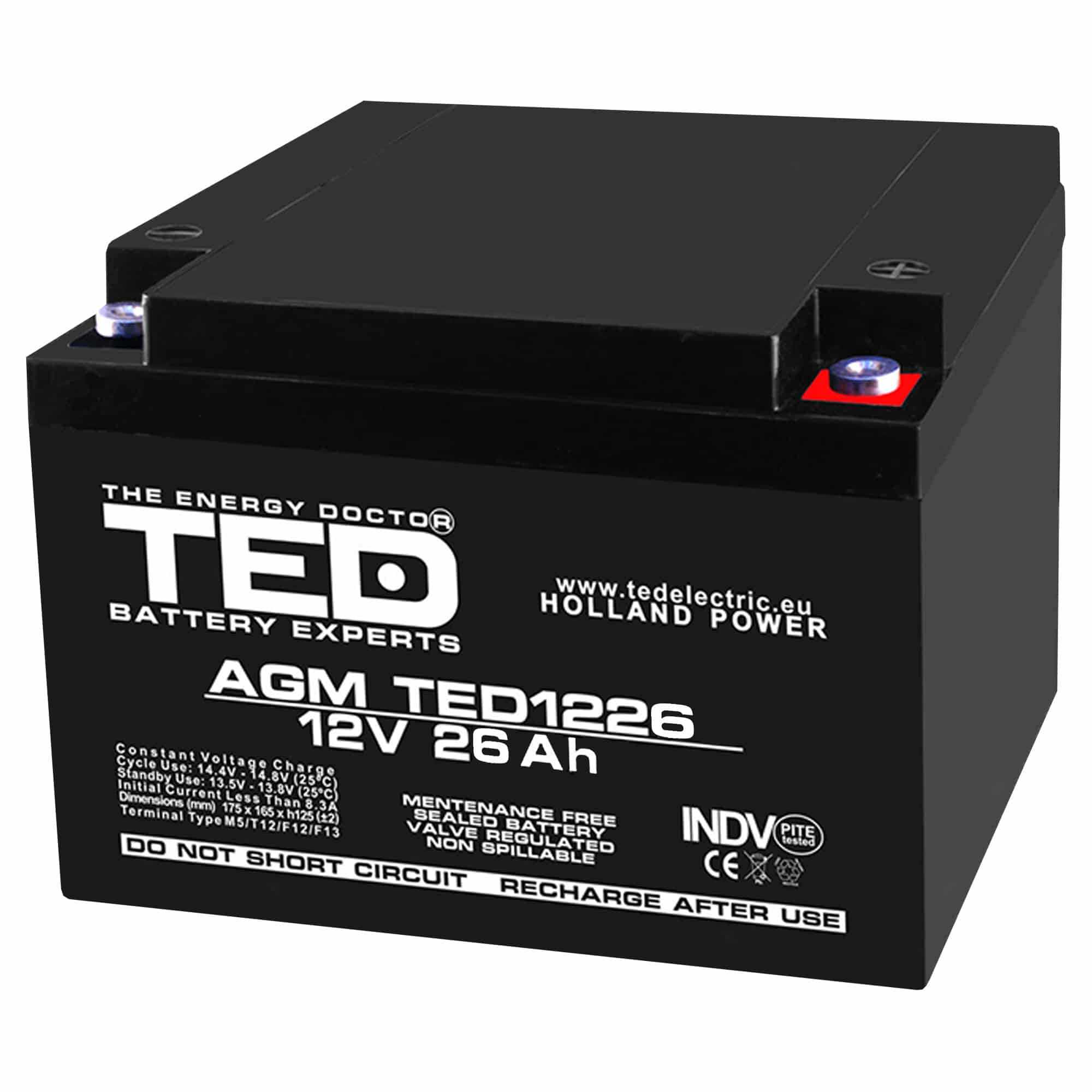 Acumulator AGM VRLA 12V 26A dimensiuni 165mm x 175mm x h 126mm M5 TED Battery Expert Holland TED003638 (1)