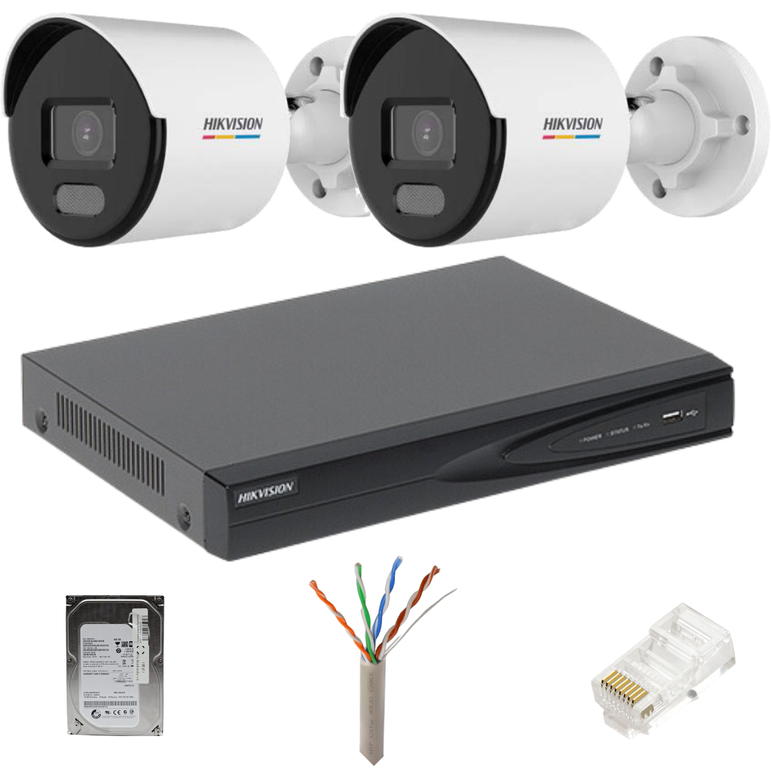 Kit 2 camere de supraveghere Hikvision IP,Lumina alba 30m, PoE, 5MP, lentila 2.8mm, NVR 4 canale IP, Accesorii