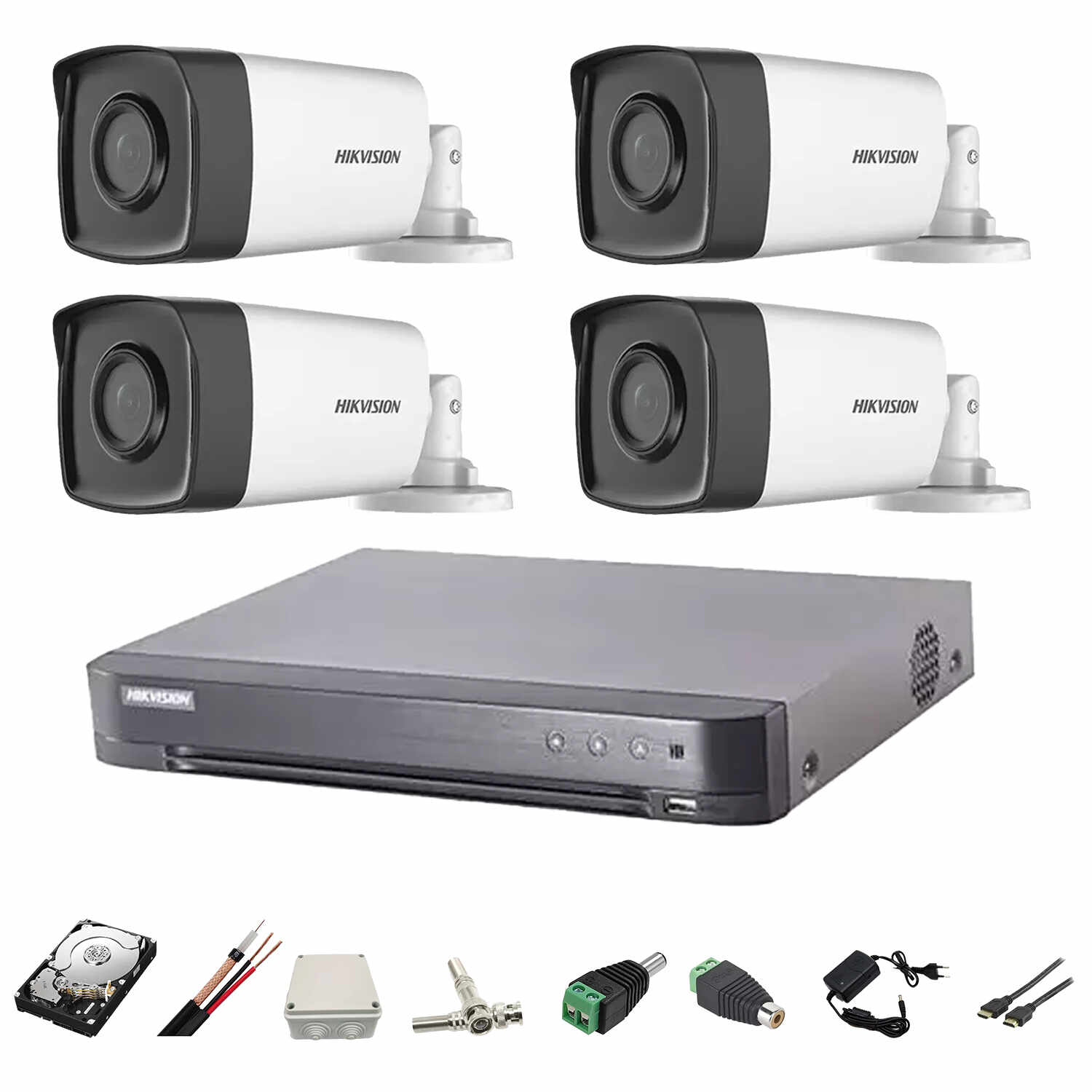 Kit complet 4 camere supraveghere full hd 80m IR Hikvision, cablu 100m si HDD 2TB