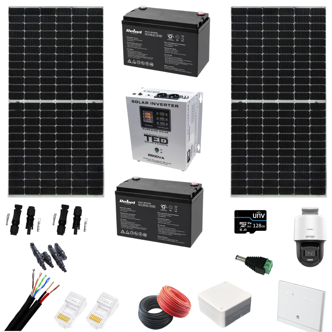 Kit complet Fotovoltaic Monocristalin, Acumulatori 12V 100AH, Invertor 1800W + CADOU Camera de supraveghere IP, Color Noaptea 30m, lentila 2.8mm si Router 4G