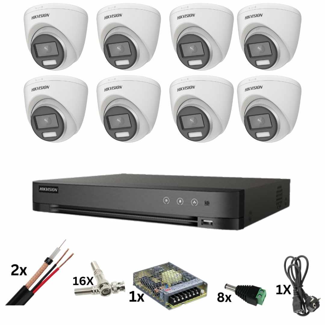 Kit de supraveghere Hikvision, 8 camere Poc, ColorVu de 8 Megapixeli, Lumina color 40m, Lentila 2.8mm, DVR cu 8 canale de 8 Megapixeli, accesorii