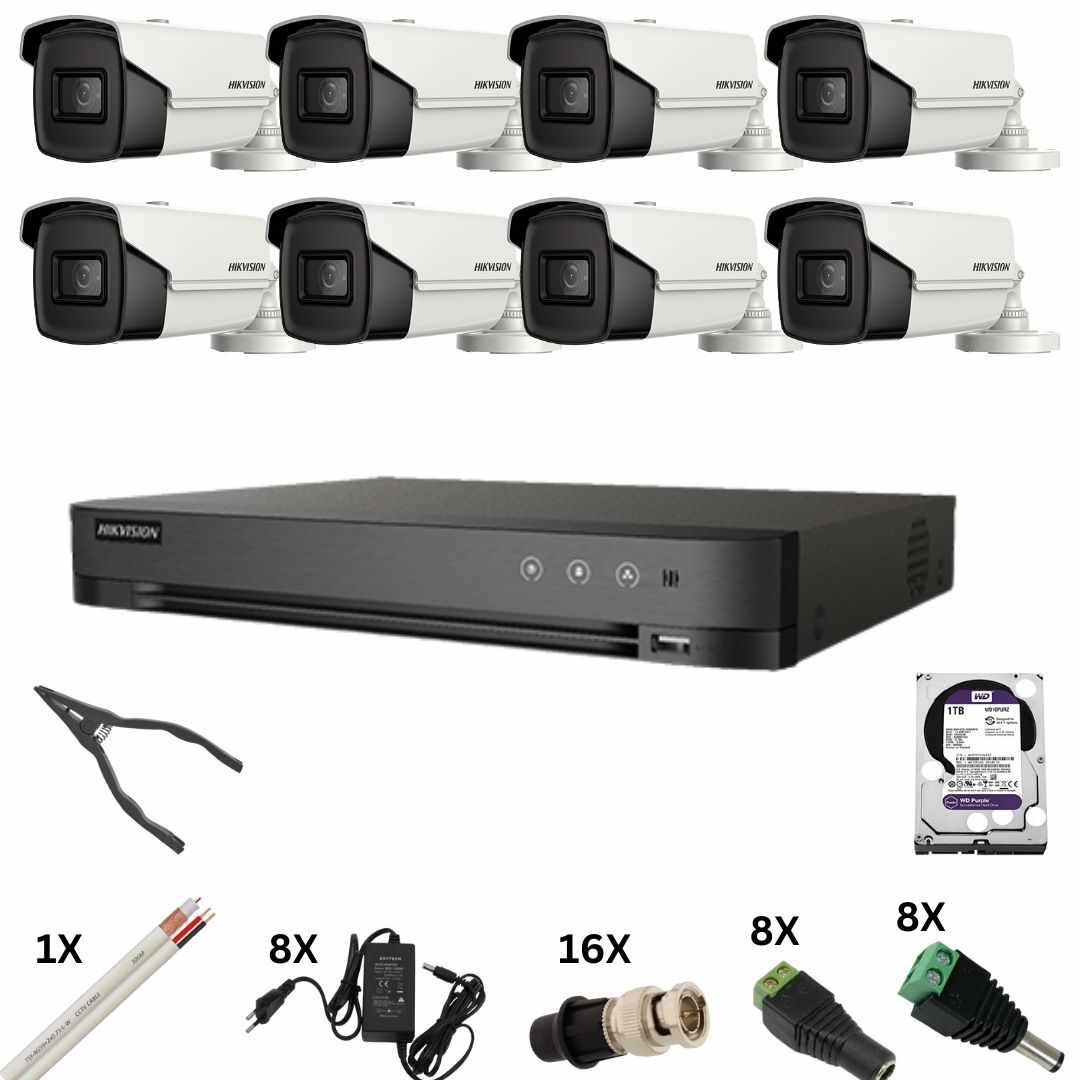 Kit de supraveghere Hikvision cu 8 camere, 8 Megapixeli, Infrarosu 60m, DVR 8 canale 8 Megapixeli, Hard, Accesorii