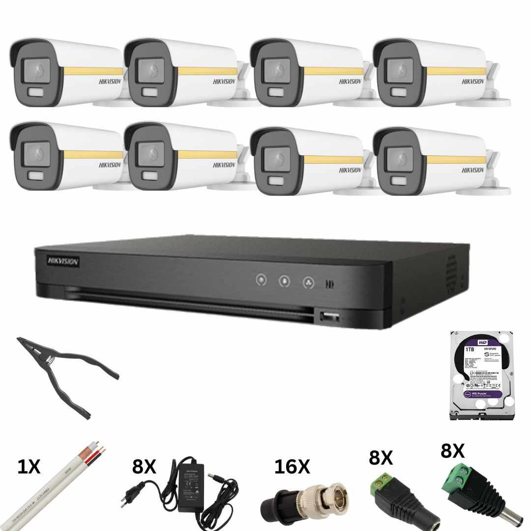Kit de supraveghere Hikvision cu 8 camere Poc, ColorVu 8 Megapixeli, Lumina Color 40m, DVR 8 canale 8 Megapixeli, Hard, Accesorii