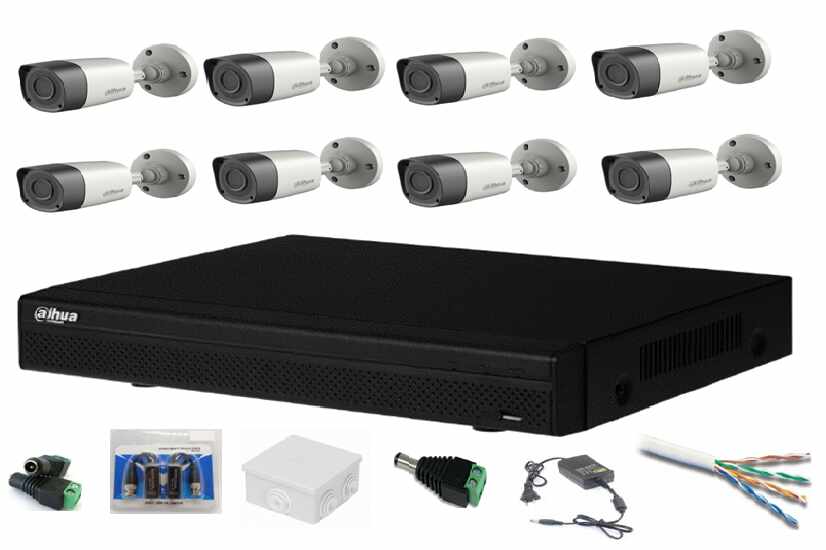 Sistem complet supraveghere cu 8 camere exterior Dahua CMOS 2MP, 3.6mm, Smart IR 20m, IP67, DVR 8 canale, accesorii montaj